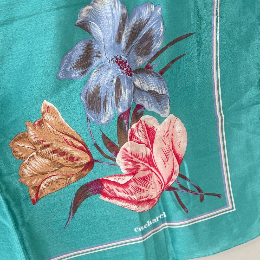 VTG Cacharel Silk Scarf 28x28 Floral Square 1950s 1960s French Designer